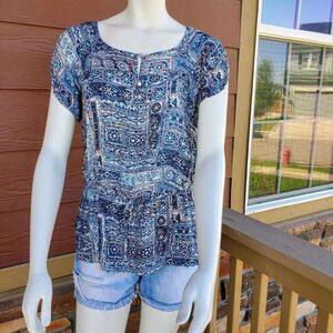 Esprit - Tie Waist Peplum Blouse - Blue and Coral Floral Patterned - Size 6 EUC